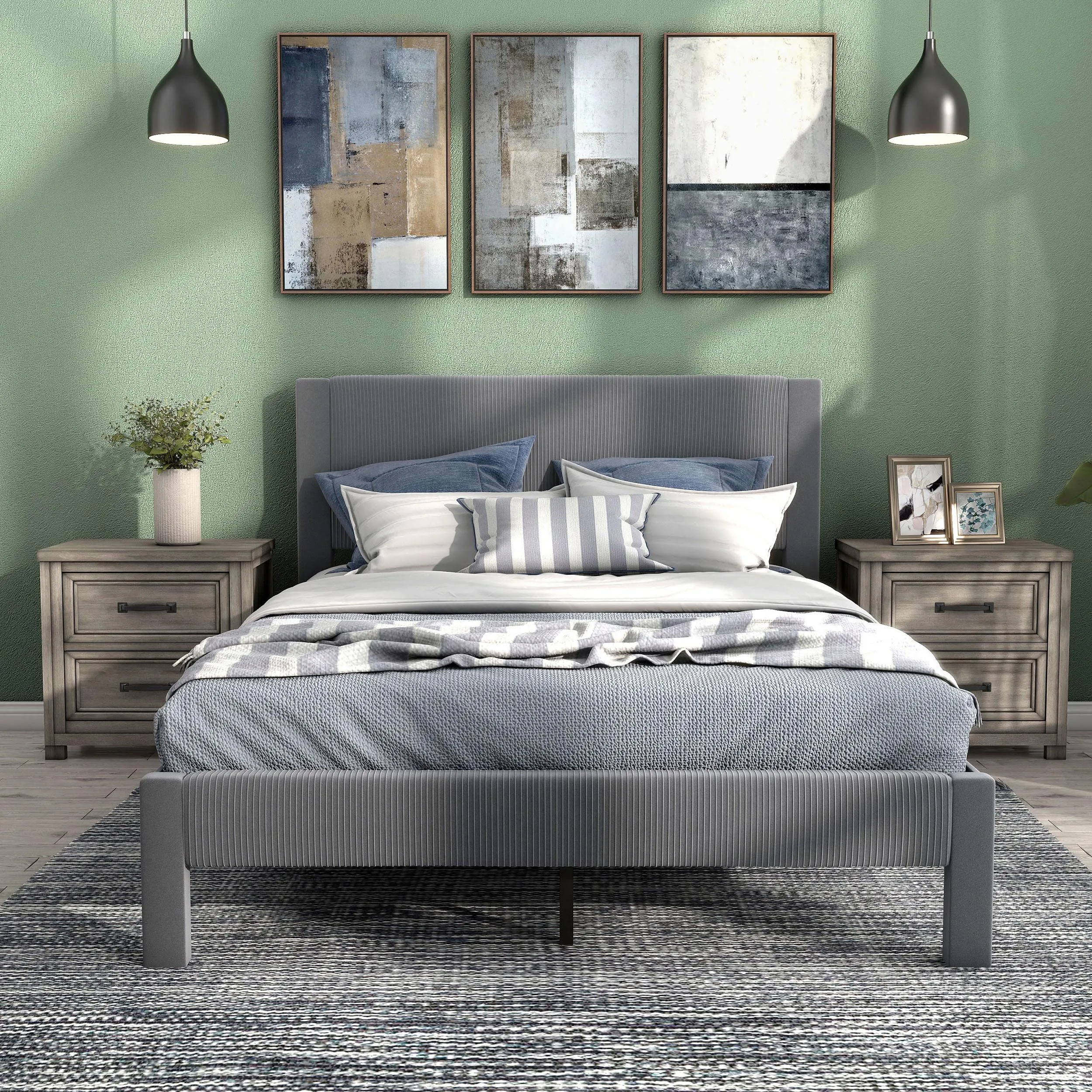 Alyssa Modern Velvet Upholstered Platform Bed with Channel Headboard and Wooden Slats