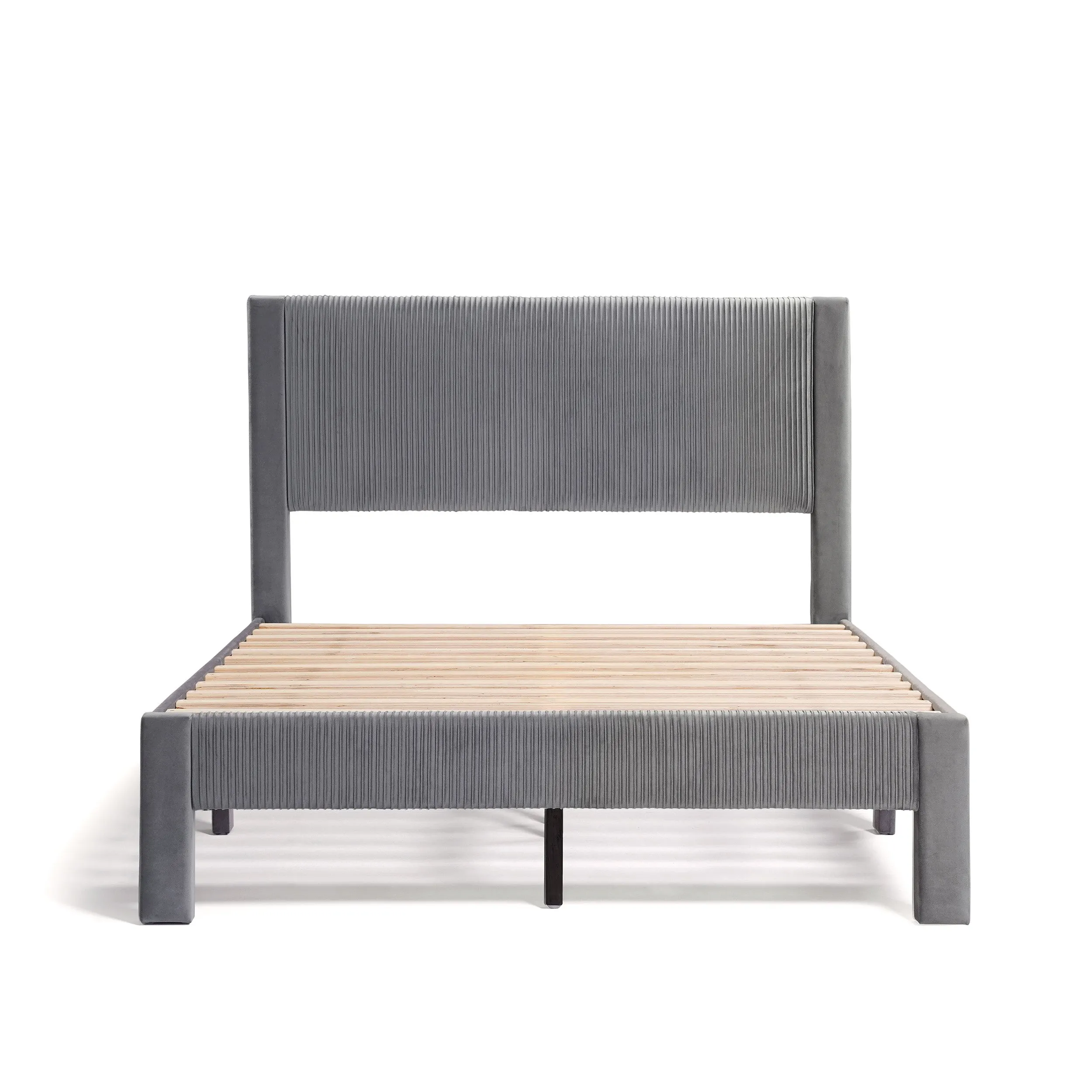 Alyssa Modern Velvet Upholstered Platform Bed with Channel Headboard and Wooden Slats