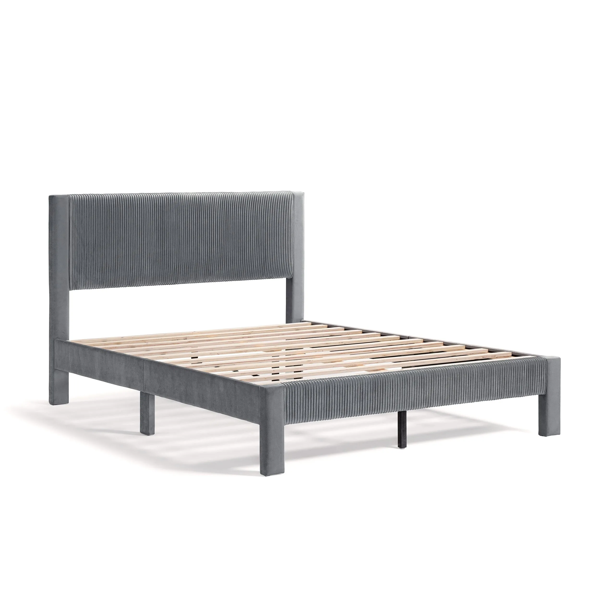 Alyssa Modern Velvet Upholstered Platform Bed with Channel Headboard and Wooden Slats