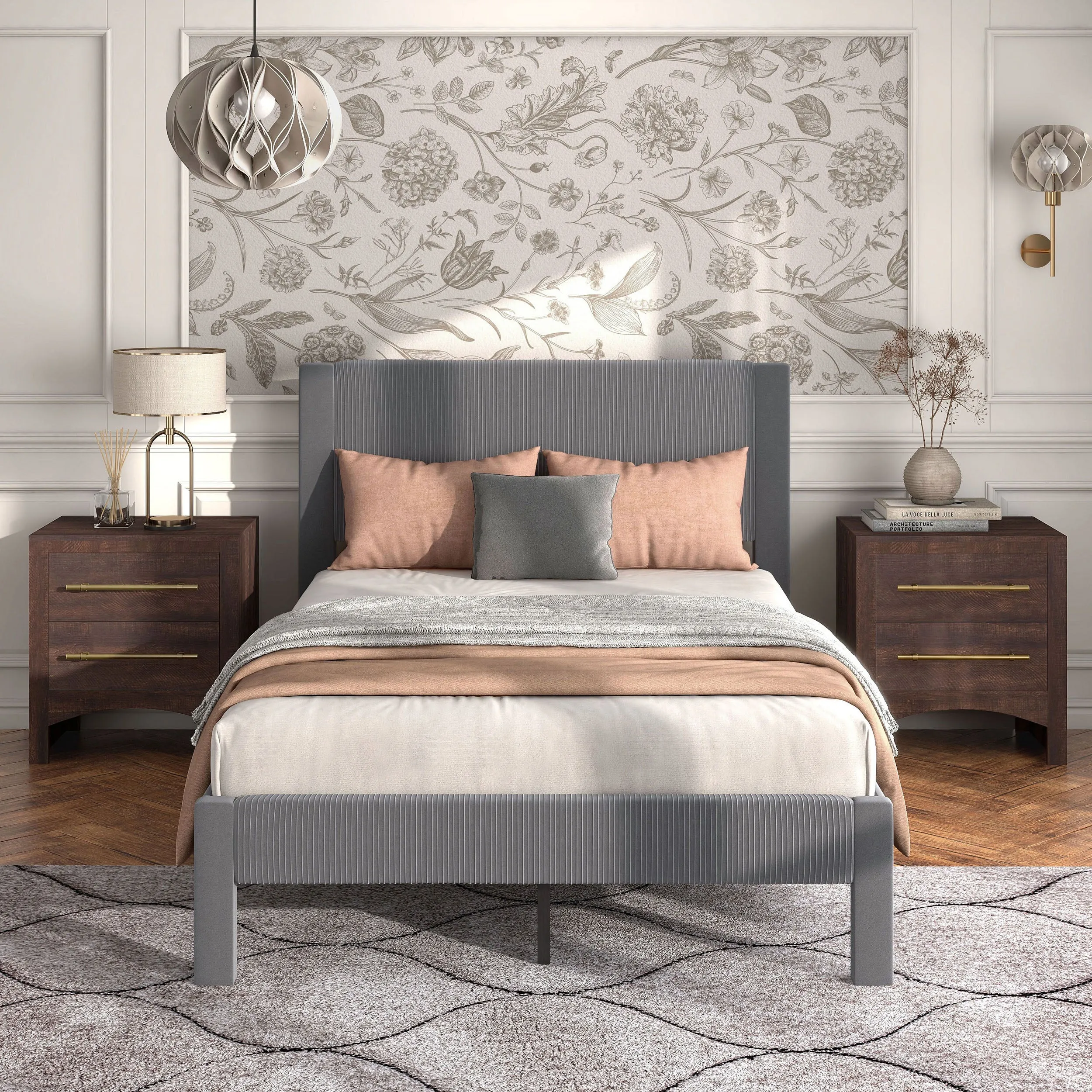 Alyssa Modern Velvet Upholstered Platform Bed with Channel Headboard and Wooden Slats