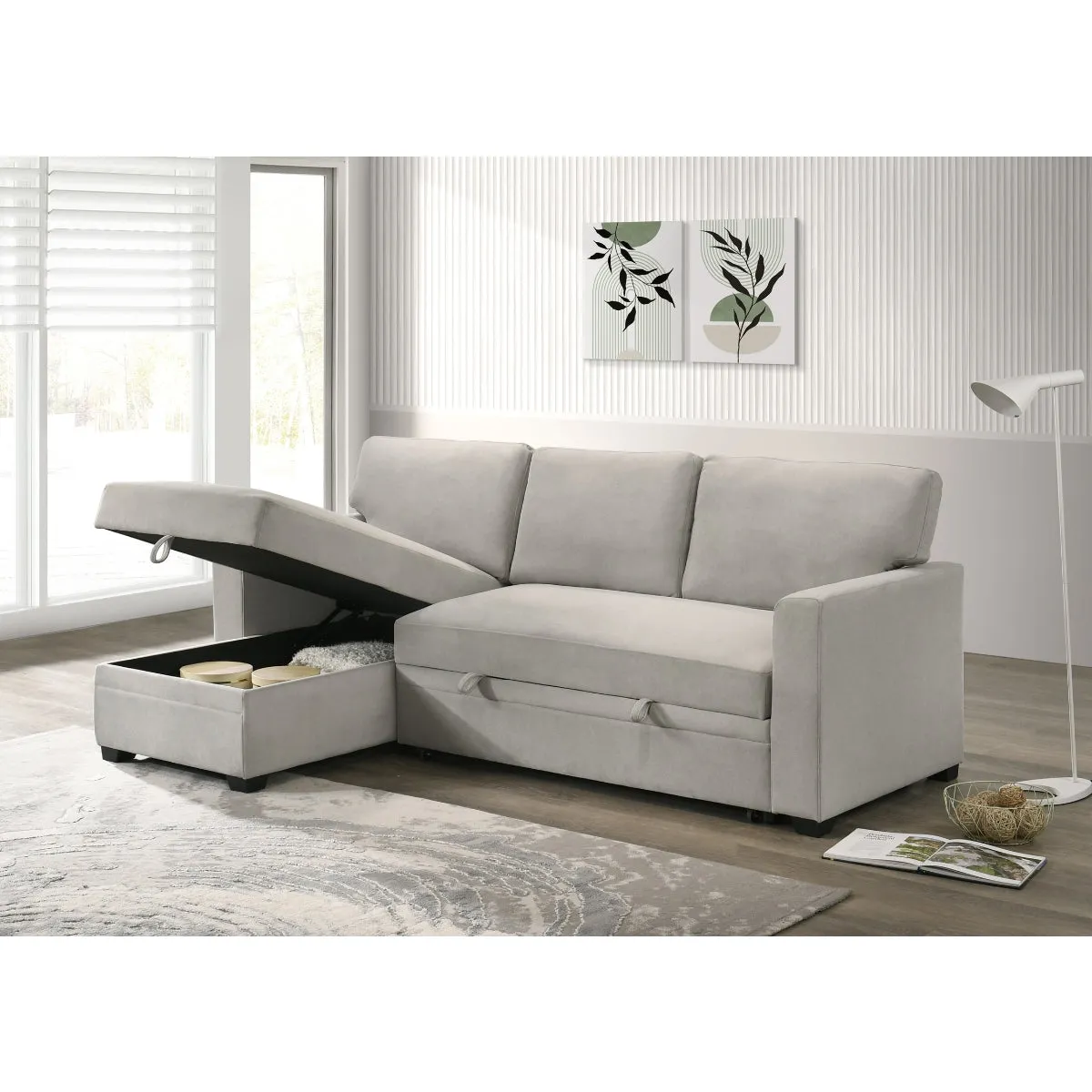 Beige 2-Piece Sectional with Pull-Out Sleeper & Reversible Storage Chaise