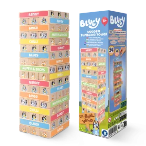 Bluey Tumbling Tower Game - 54 Colourful FSC-Certified Wooden Blocks, Eco-Friendly, Fun for Kids Aged 3 