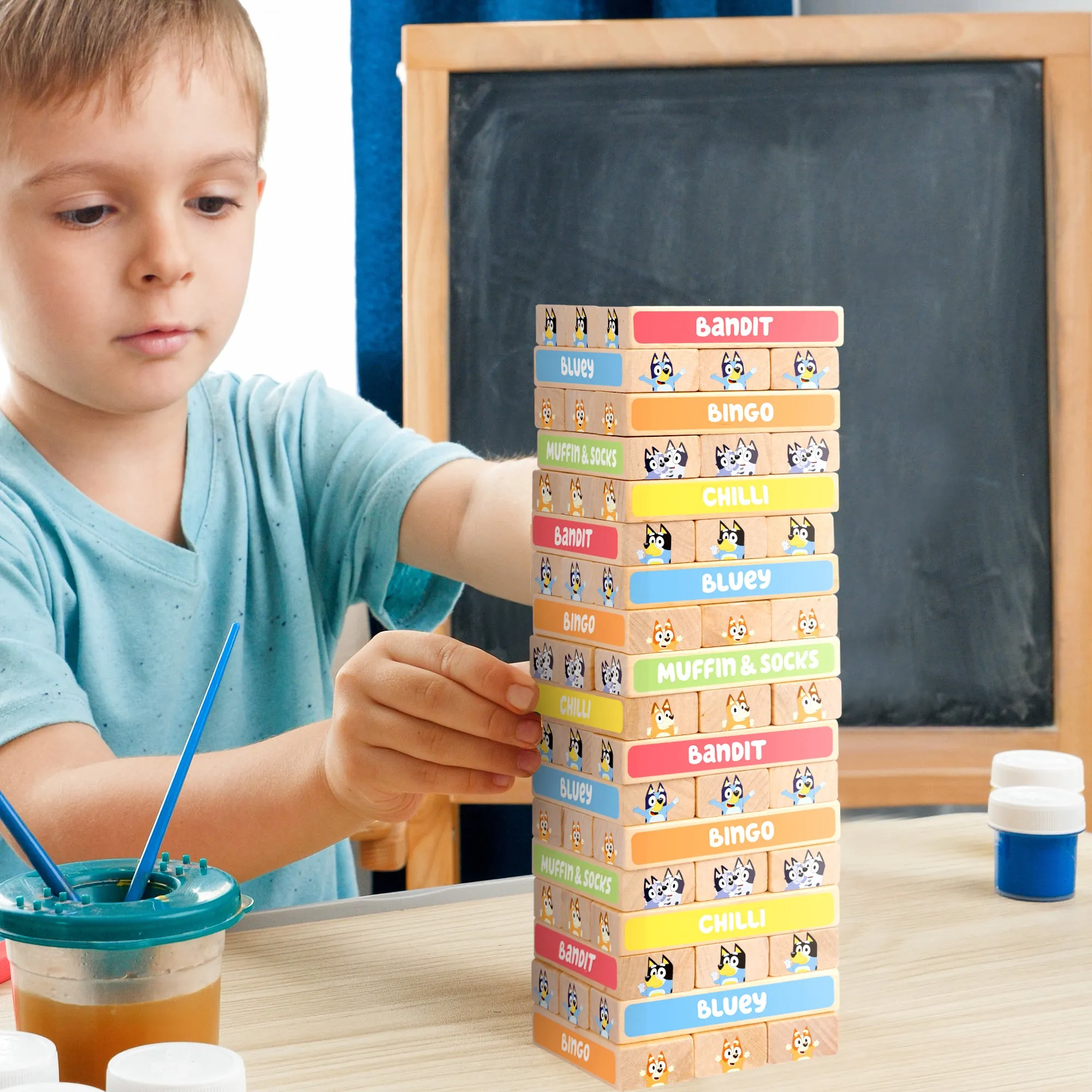 Bluey Tumbling Tower Game - 54 Colourful FSC-Certified Wooden Blocks, Eco-Friendly, Fun for Kids Aged 3 