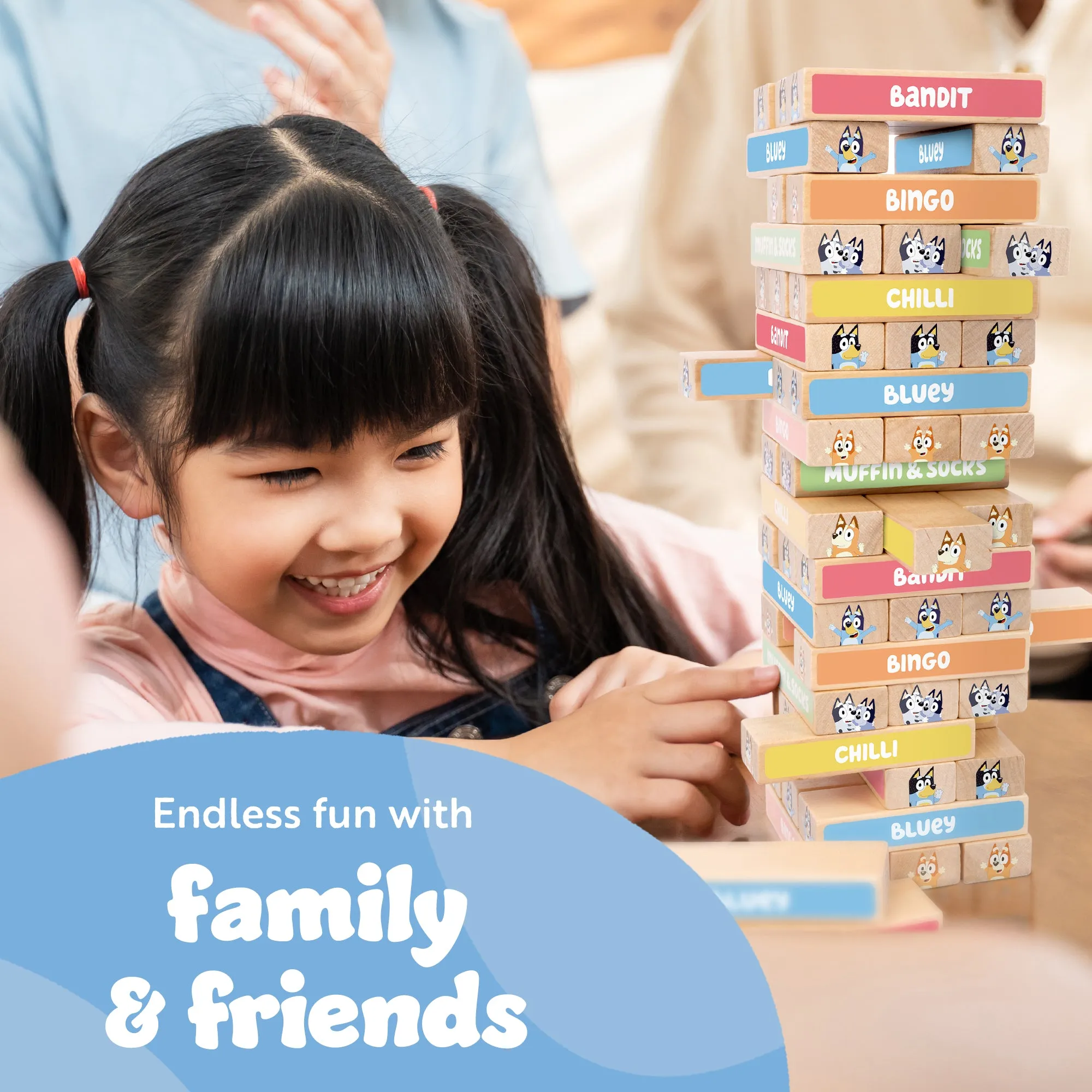 Bluey Tumbling Tower Game - 54 Colourful FSC-Certified Wooden Blocks, Eco-Friendly, Fun for Kids Aged 3 