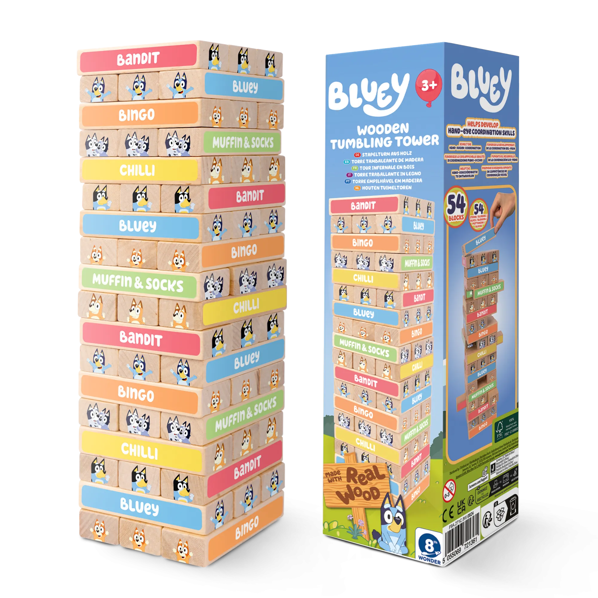 Bluey Tumbling Tower Game - 54 Colourful FSC-Certified Wooden Blocks, Eco-Friendly, Fun for Kids Aged 3 