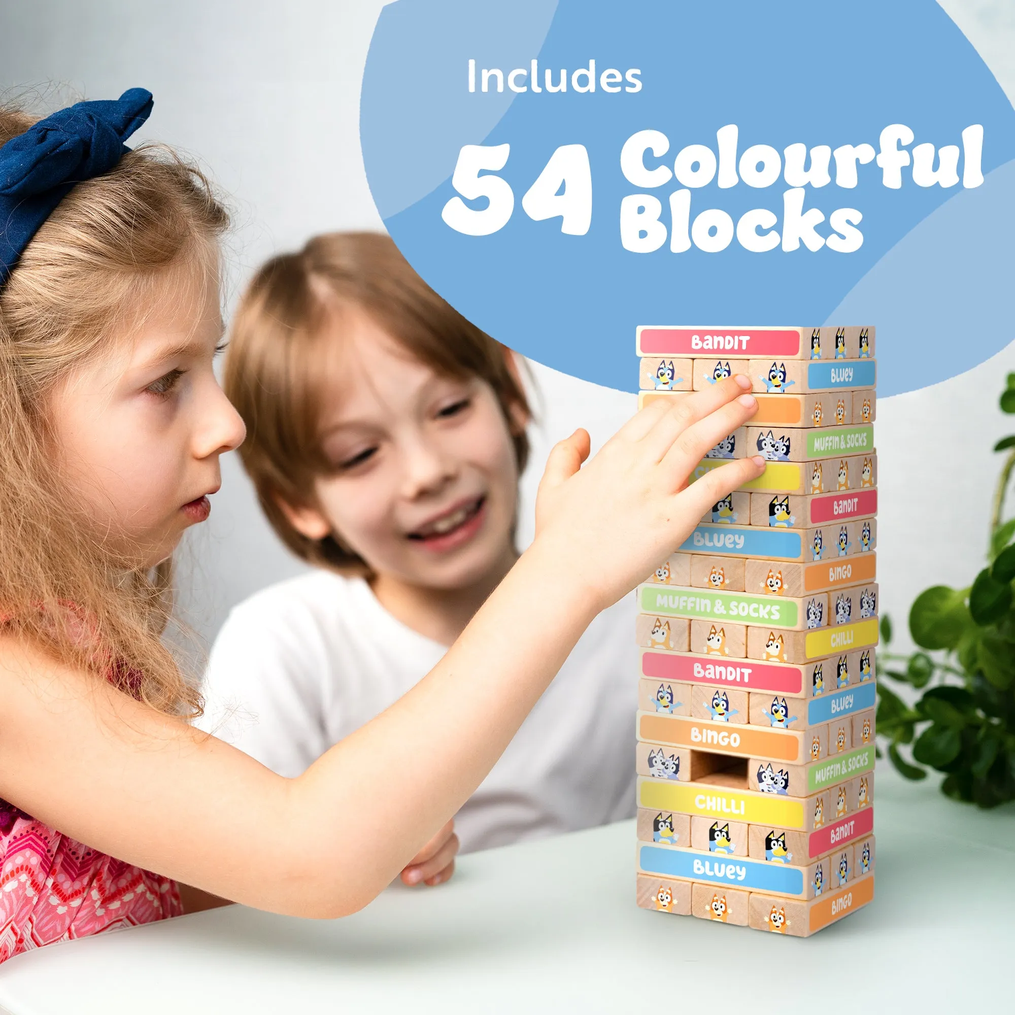 Bluey Tumbling Tower Game - 54 Colourful FSC-Certified Wooden Blocks, Eco-Friendly, Fun for Kids Aged 3 