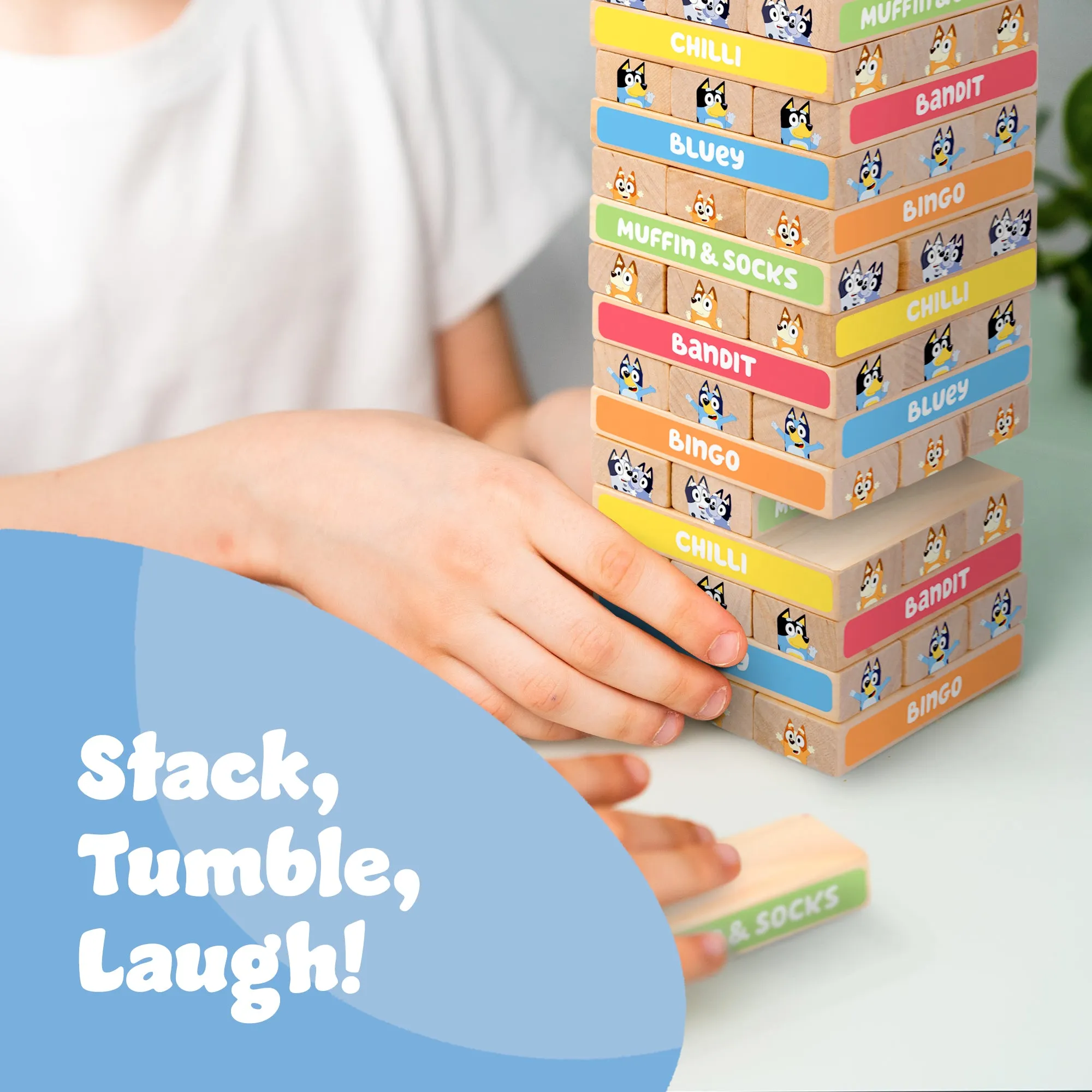 Bluey Tumbling Tower Game - 54 Colourful FSC-Certified Wooden Blocks, Eco-Friendly, Fun for Kids Aged 3 