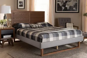 Clare Light Gray Fabric Walnut Brown Wood Platform Bed (Full)