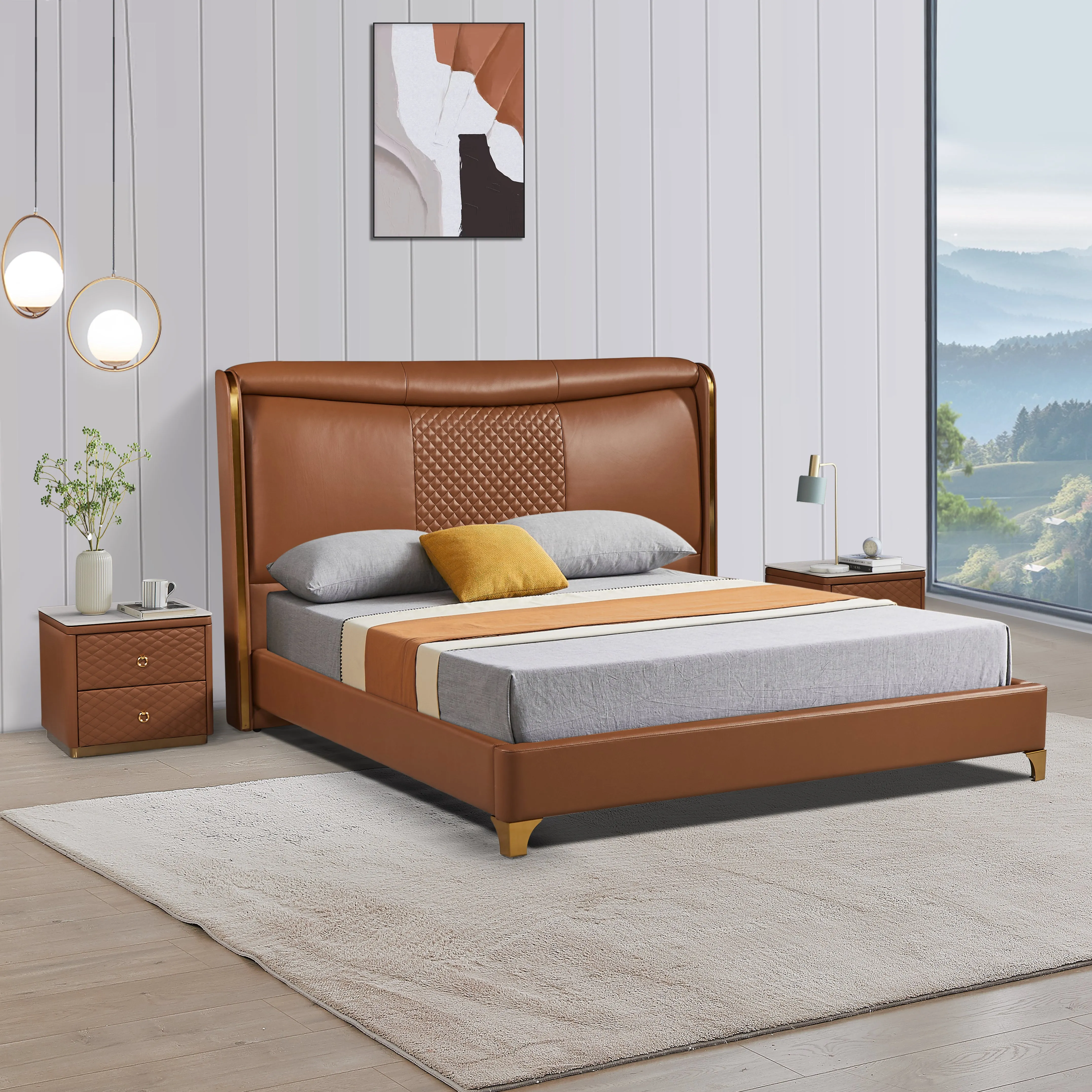 LANE Khaki Leather King Bed