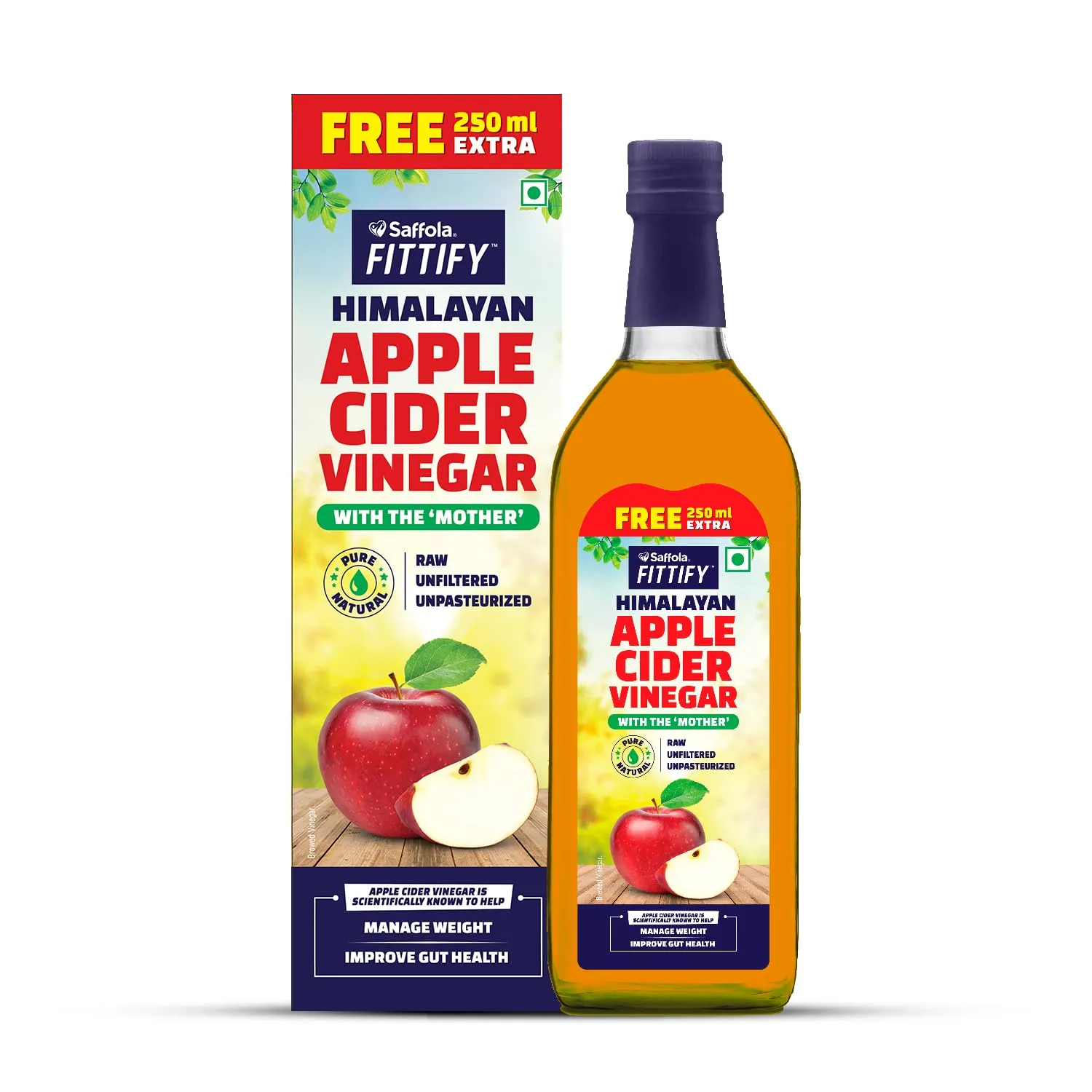 Saffola FITTIFY Himalayan Apple Cider Vinegar - 750 ml   250 ml FREE | With the Mother of Vinegar | Raw, Unfiltered & Unpasteurized | Sugar Free | Helps in Weight Loss | Diabetic Friendly | Sourced from Organic Apples