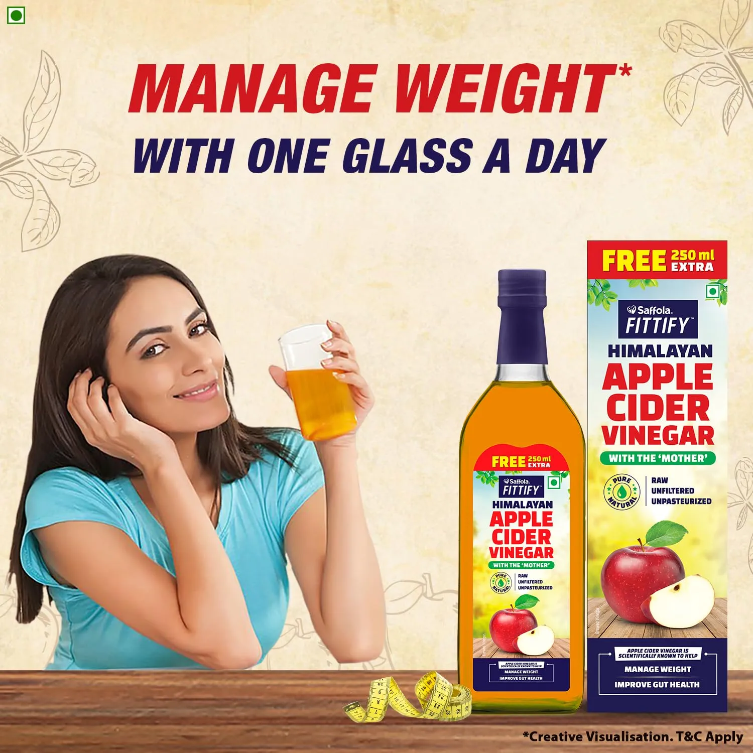 Saffola FITTIFY Himalayan Apple Cider Vinegar - 750 ml   250 ml FREE | With the Mother of Vinegar | Raw, Unfiltered & Unpasteurized | Sugar Free | Helps in Weight Loss | Diabetic Friendly | Sourced from Organic Apples